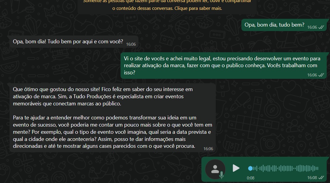 Conversa WhatsApp - Atendimento para eventos e ativação de marca